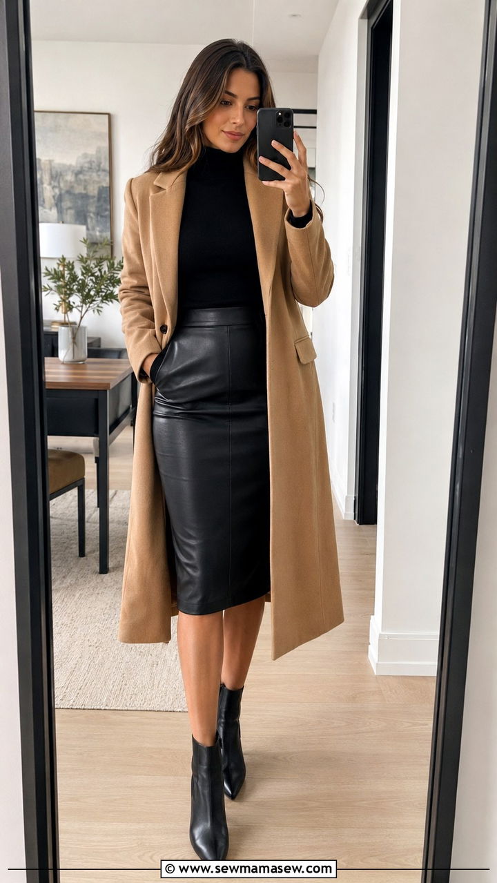 Leather pencil skirt with turtleneck and ankle boots - 30 Leather skirt outfit ideas with boots