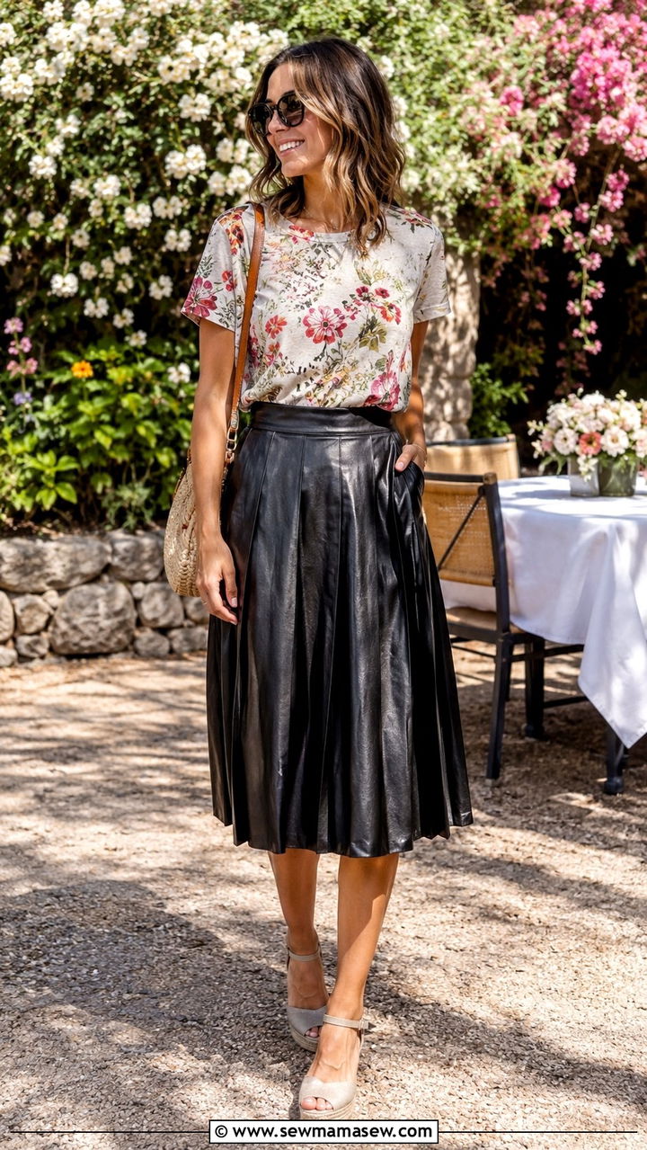 Leather pintuck skirt with floral tee and espadrilles - 30 Leather skirt outfit ideas with a tee