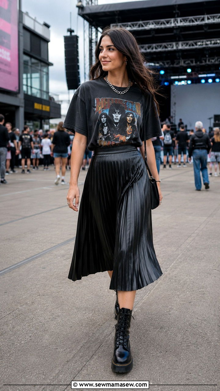 Leather pleated midi skirt with band tee and combat boots - 30 Leather skirt outfit ideas with a tee