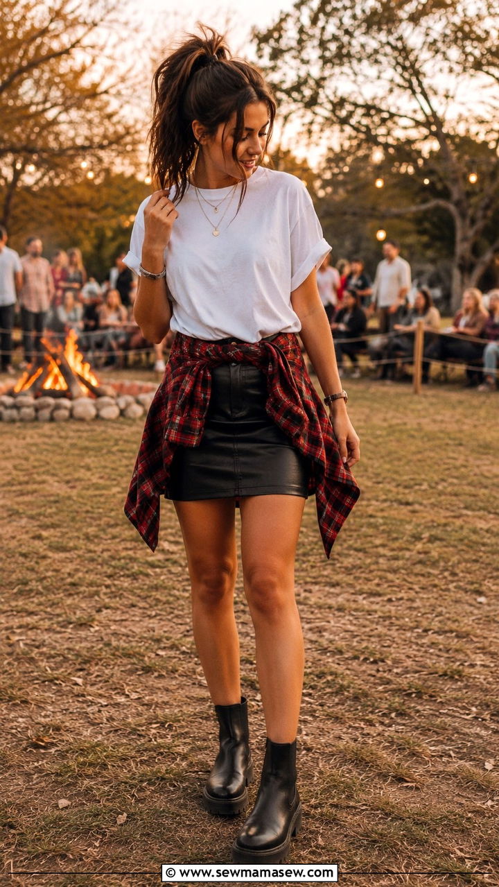 Leather skirt with flannel shirt tied over tee and booties - 30 Leather skirt outfit ideas with a tee