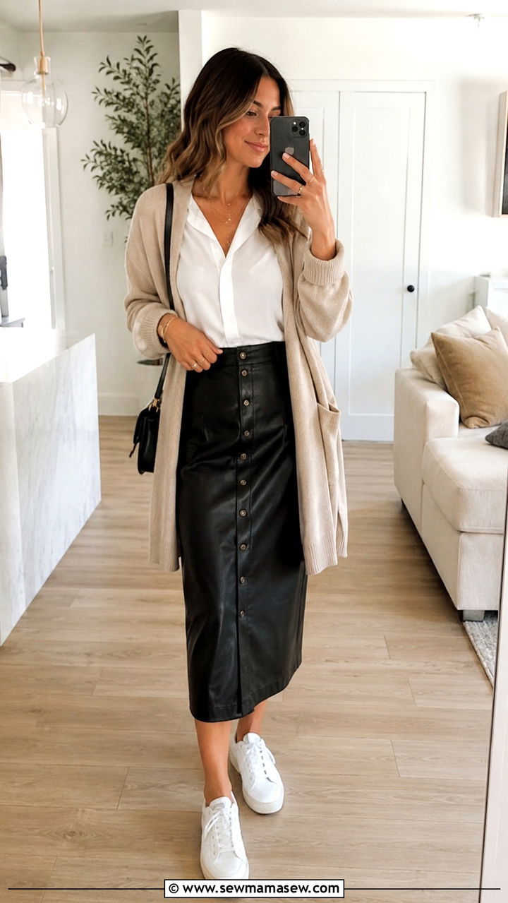 Leather slip skirt with button down layered outfit - 30 Leather skirt outfit ideas with a button down