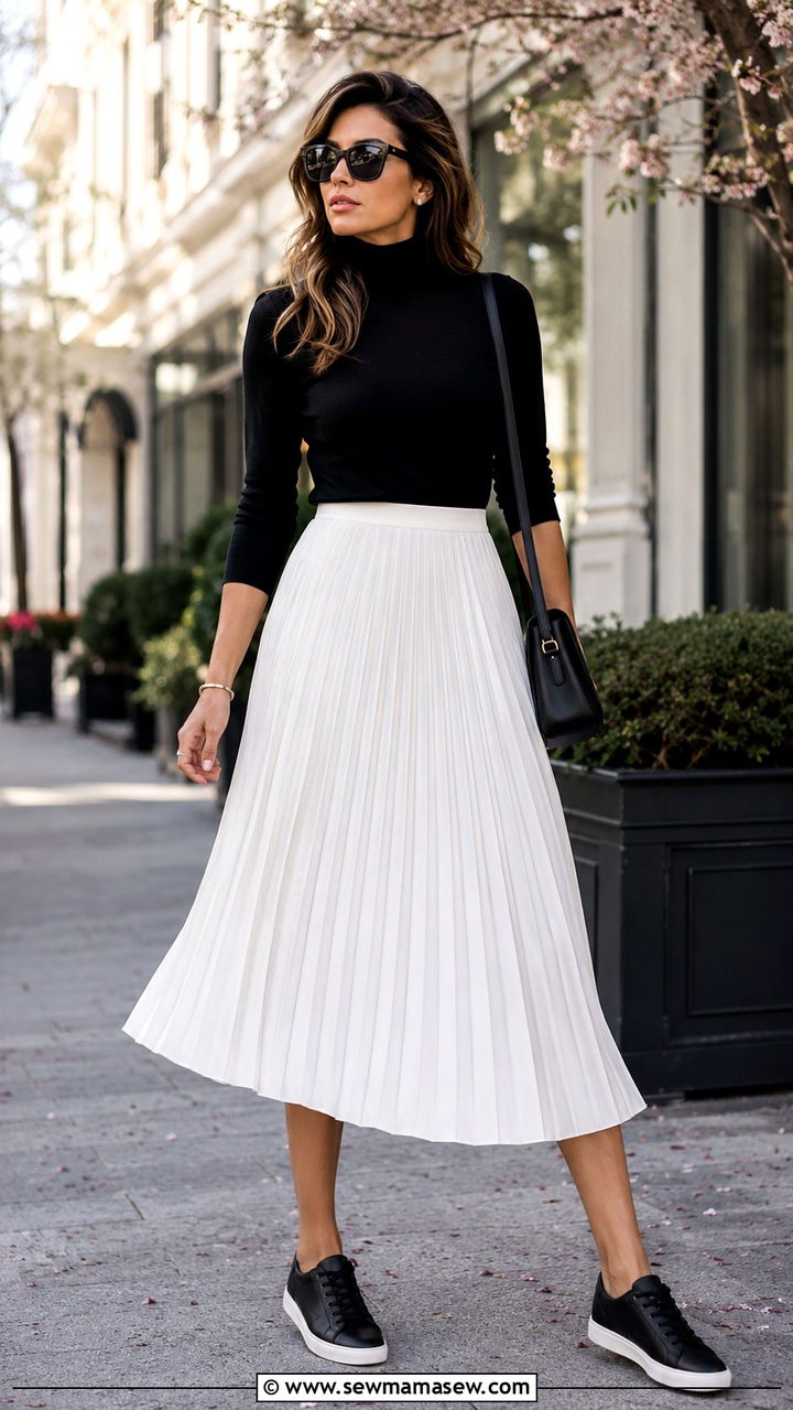 Leather sneakers with pleated midi skirt - 30 spring sneaker outfit ideas