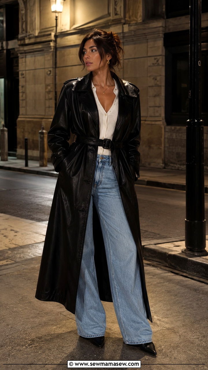 Leather trench coat wide leg jeans outfit - 20 Wide leg jeans outfit ideas with a trench coat