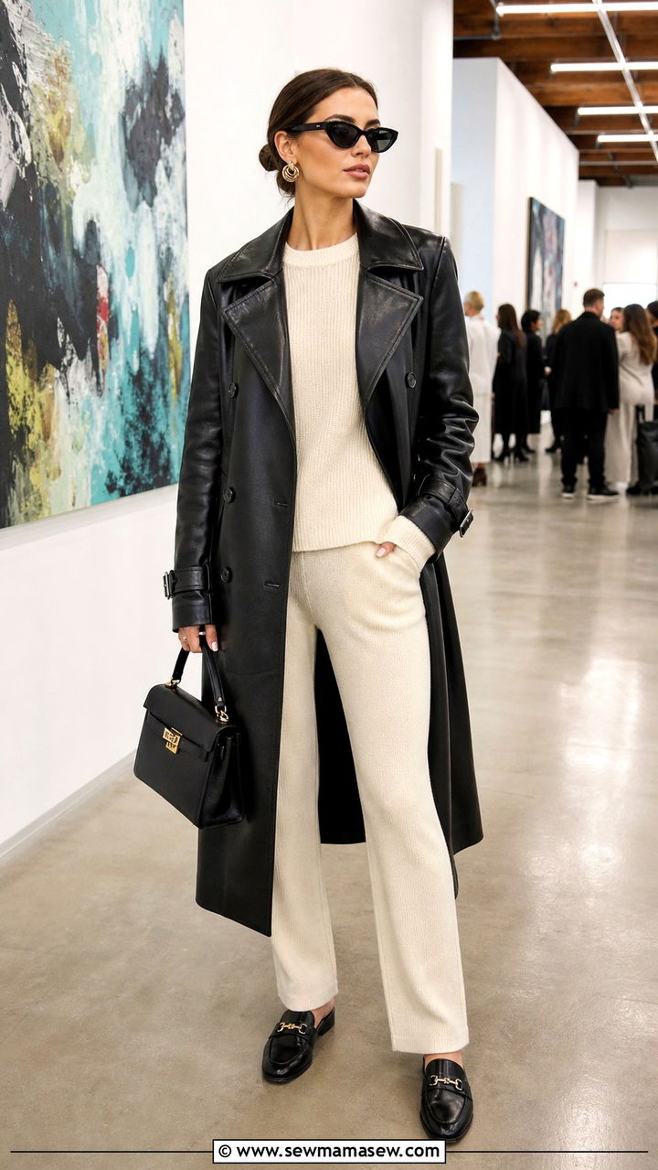 Leather trench coat with a knit set and loafers - 40 What to wear in Los Angeles