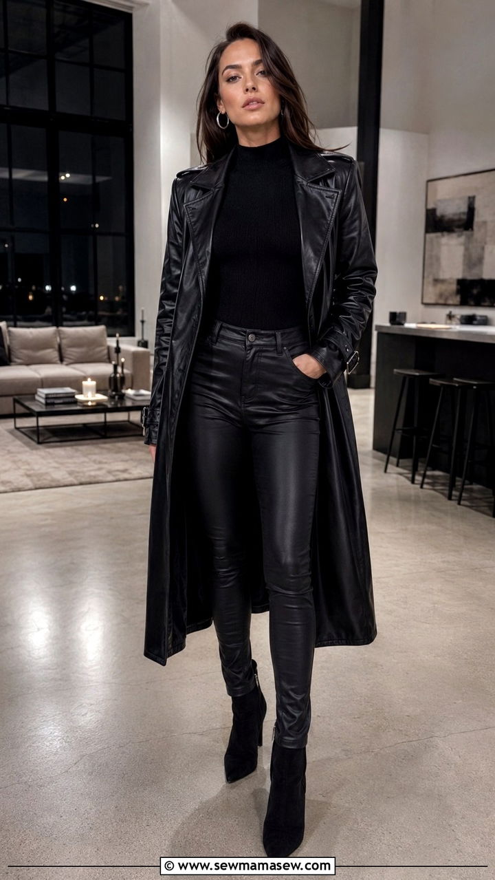 Leather trench coat with all black outfit and boots - 30 transitional trench coat outfit ideas