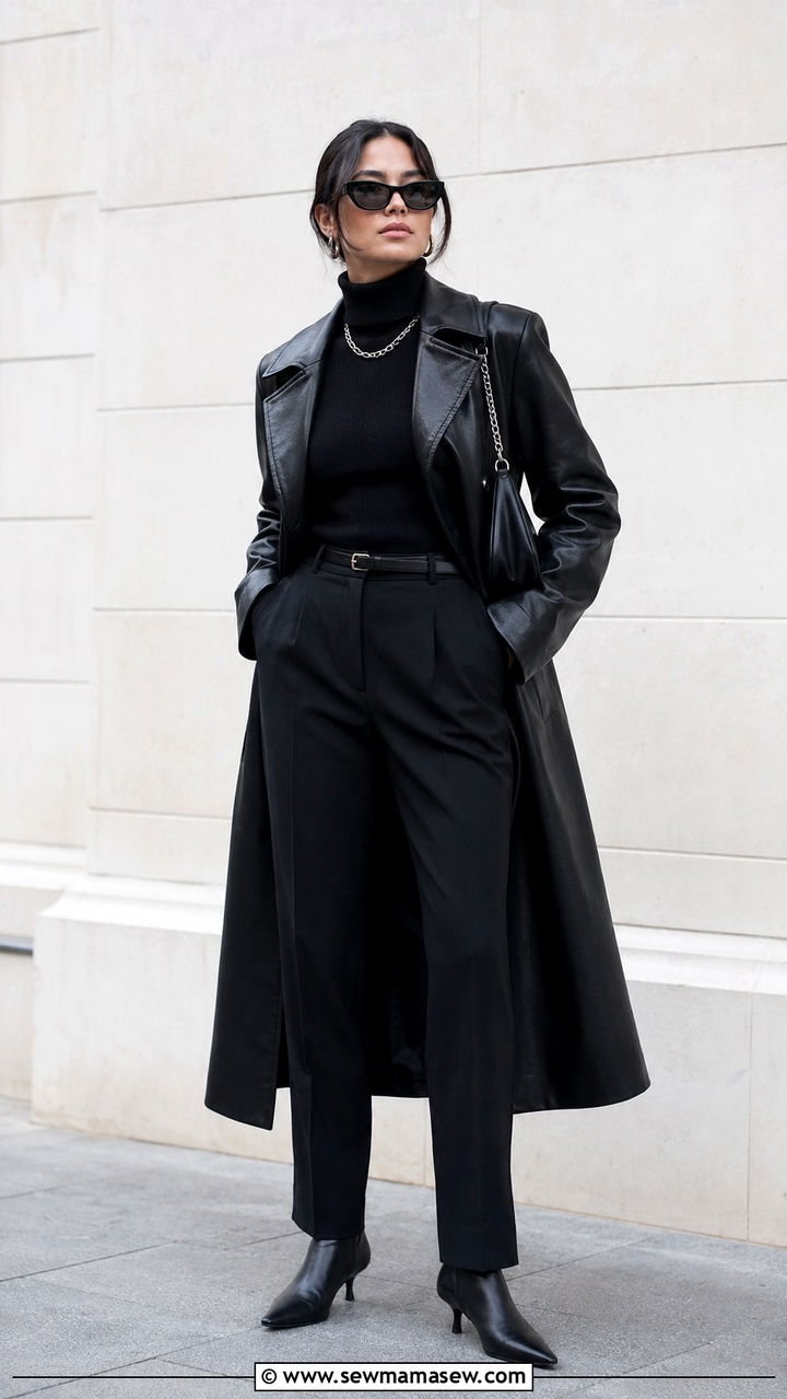 Leather trench coat with black turtleneck and tailored trousers - 30 Spring outfits with trench coat