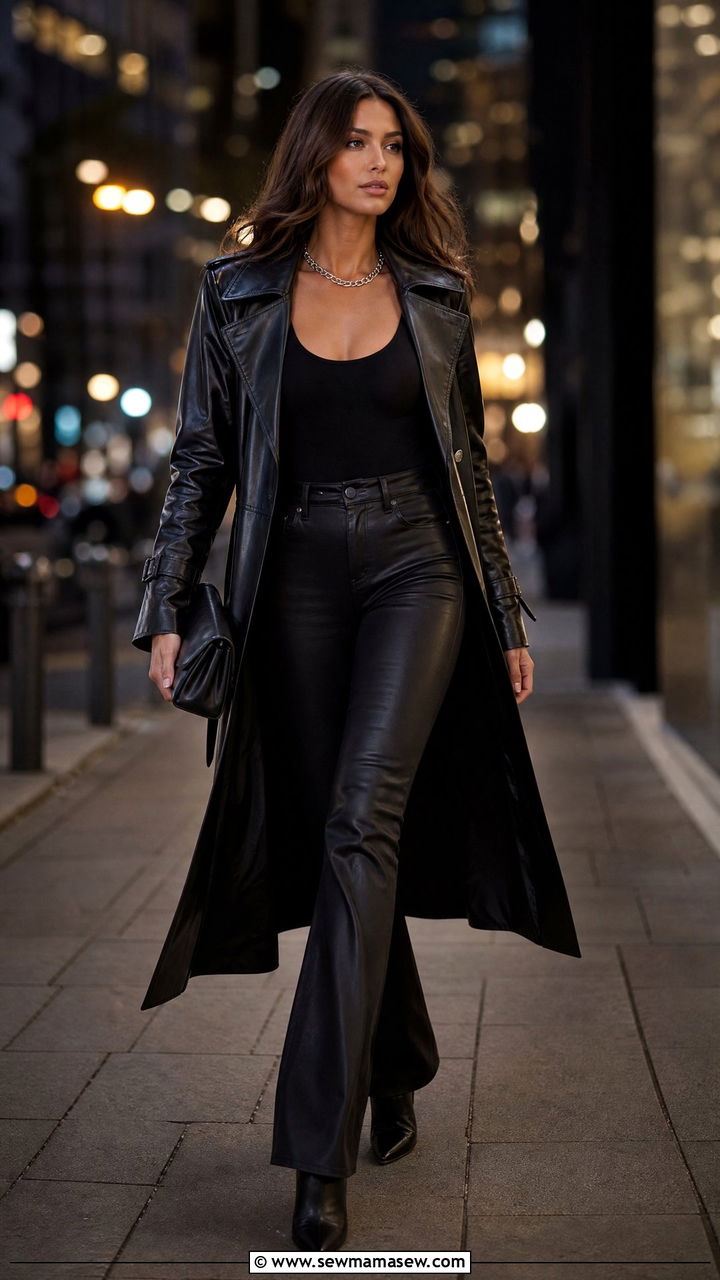 Leather trench coat with coated flare jeans and stiletto boots - 30 Flare jeans outfit ideas with a trench coat