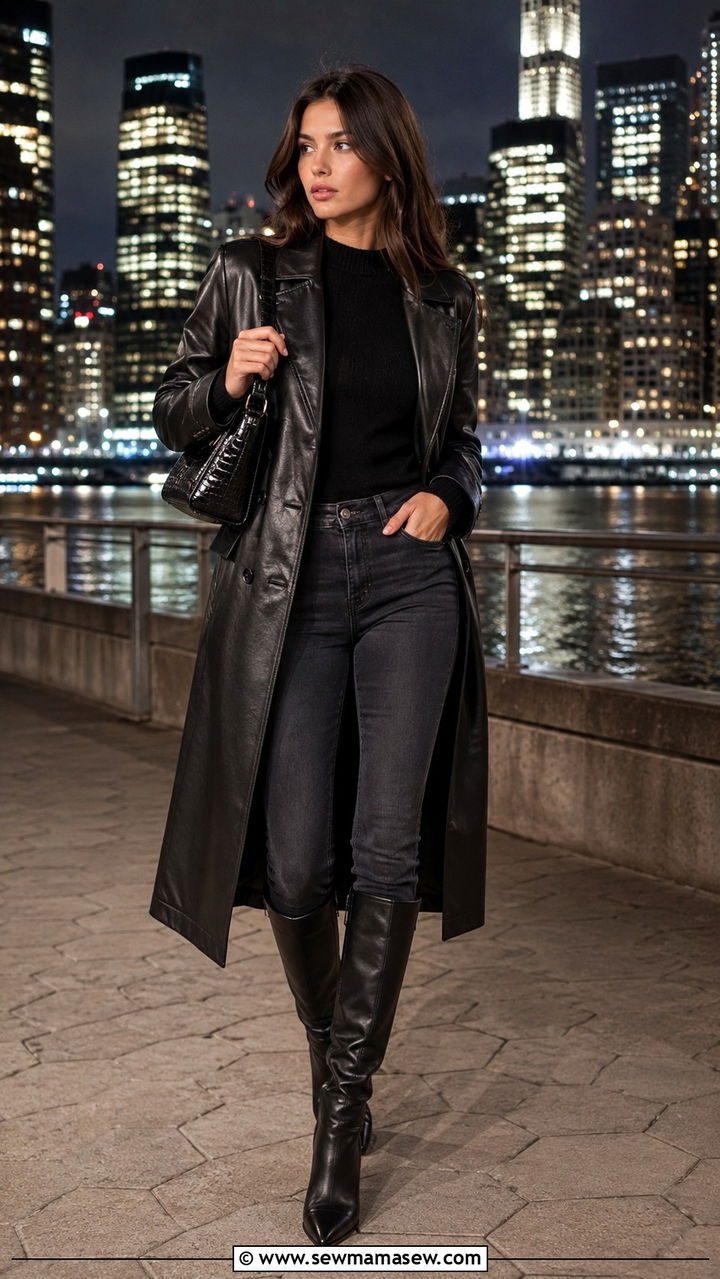 Leather trench coat with skinny jeans outfit - 30 jacket outfits 2026
