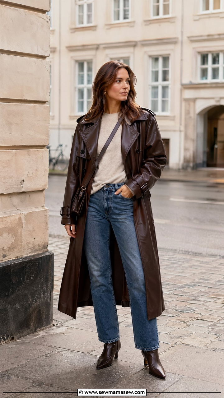 Leather trench coat with straight leg jeans outfit - 35 Copenhagen outfits