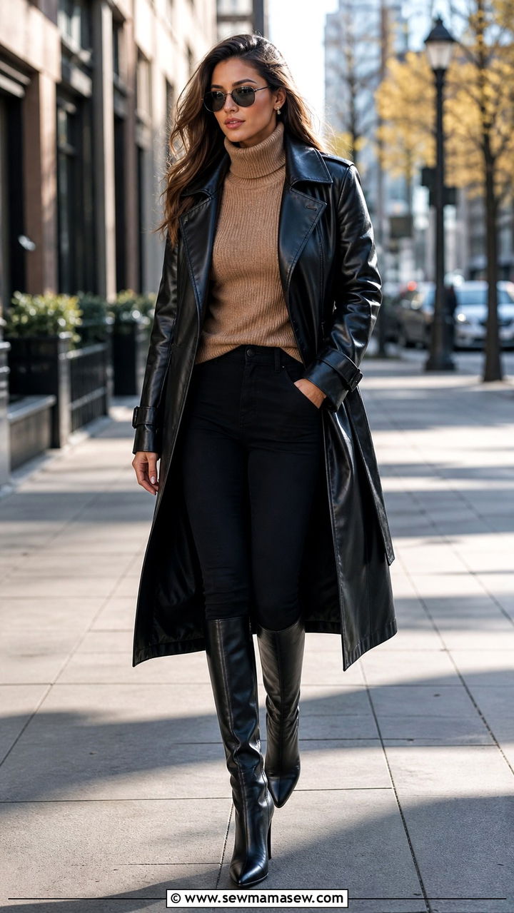 Leather trench coat with turtleneck and knee high boots - 40 leather jacket outfit ideas