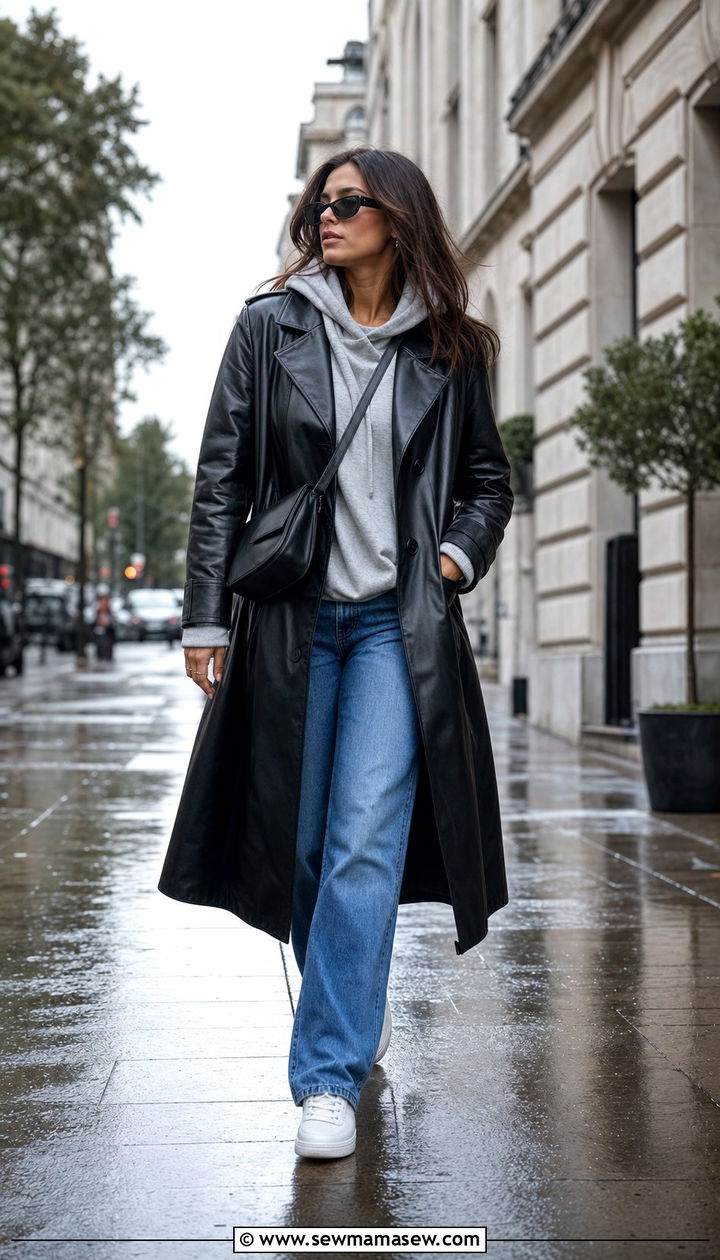 Leather trench coat with white sneakers outfit - 25 Copenhagen outfits to copy