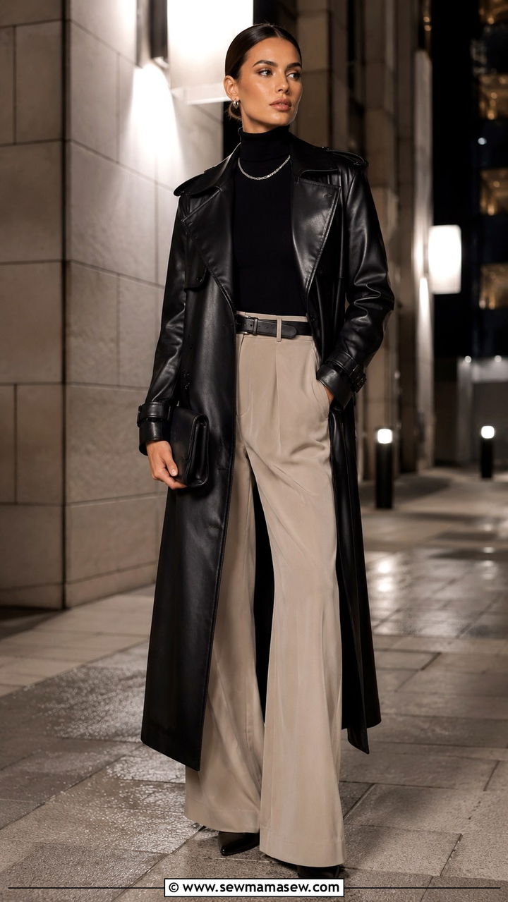 Leather trench coat with wide leg pants - 25 Wide leg pants outfit ideas with a trench coat