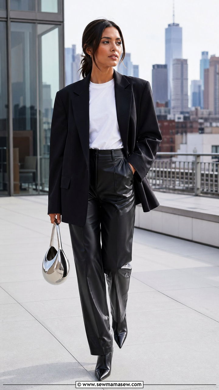 Leather trousers and oversized blazer outfit - 35 Conference outfit ideas for women