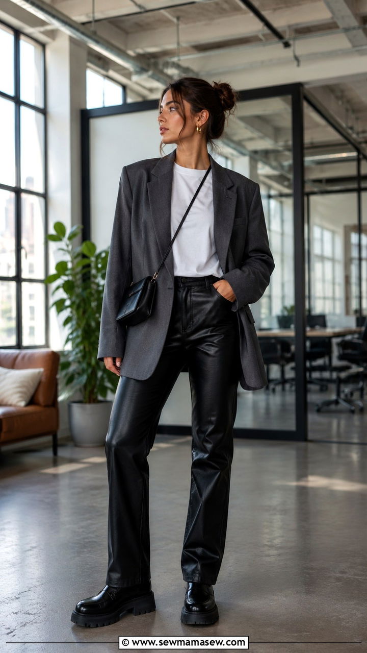 Leather trousers and oversized blazer outfit - 25 Work outfit ideas for Monday