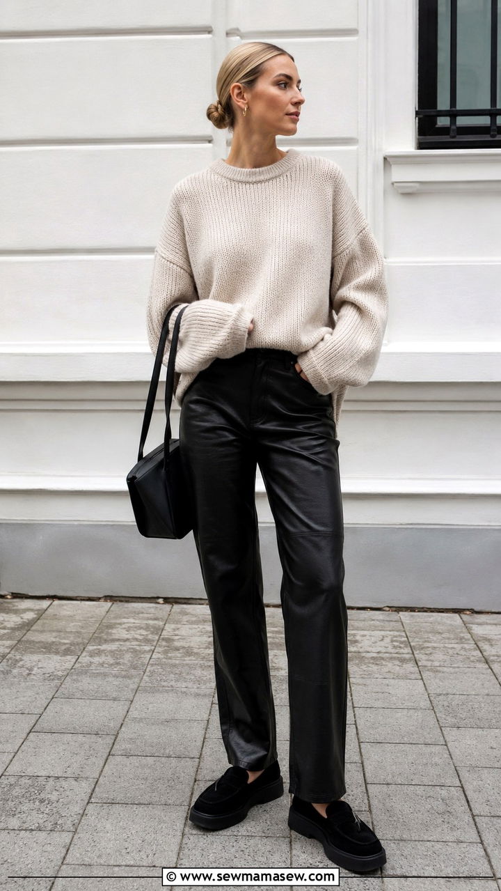 Leather trousers and oversized knit outfit - 30 scandinavian capsule wardrobe outfits