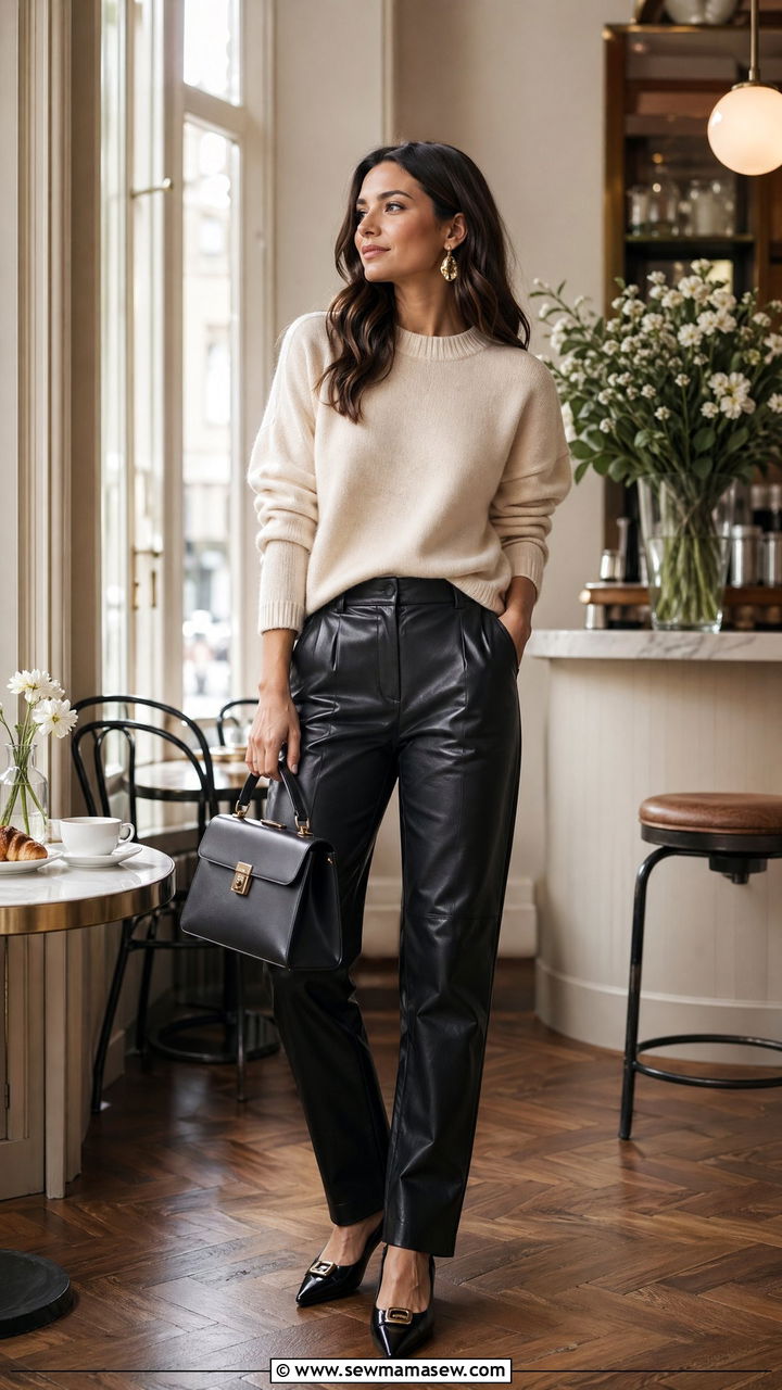 Leather trousers with a soft cashmere sweater and pointed flats - 35 Elevated brunch outfit ideas