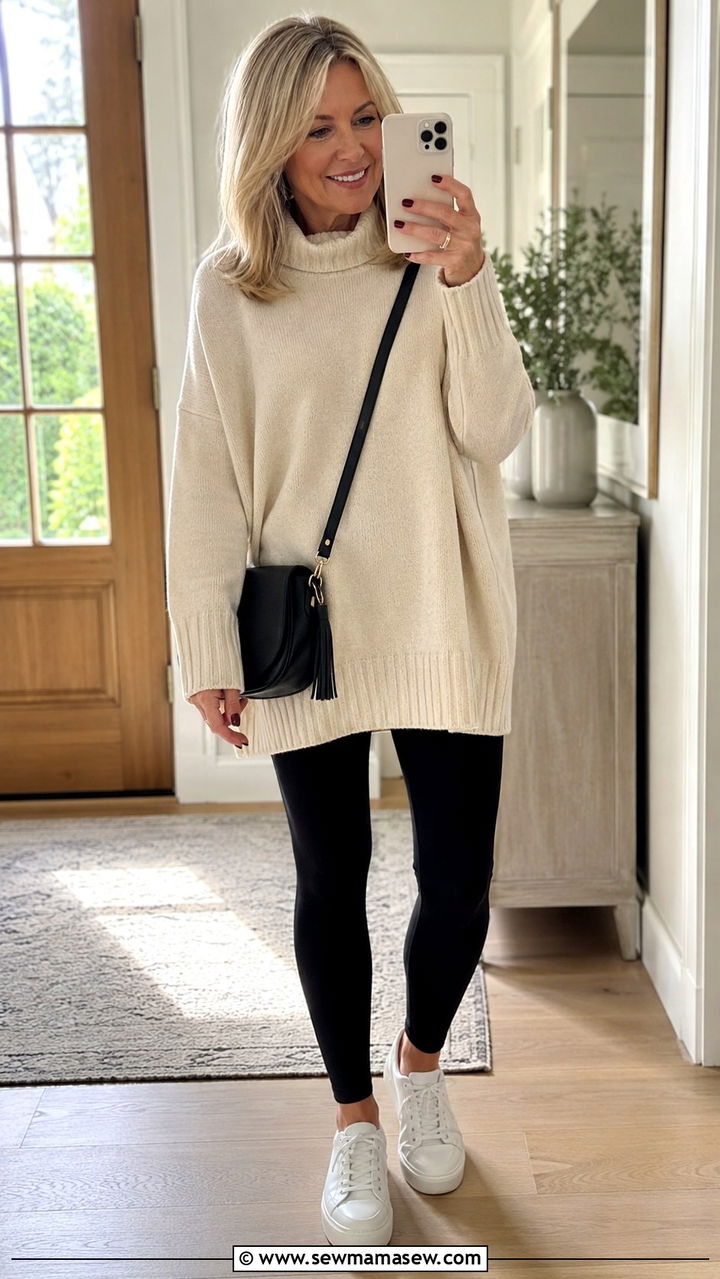 Leggings And Oversized Sweater School Drop Off Outfit - 30 Outfit ideas for women over 50 school drop off