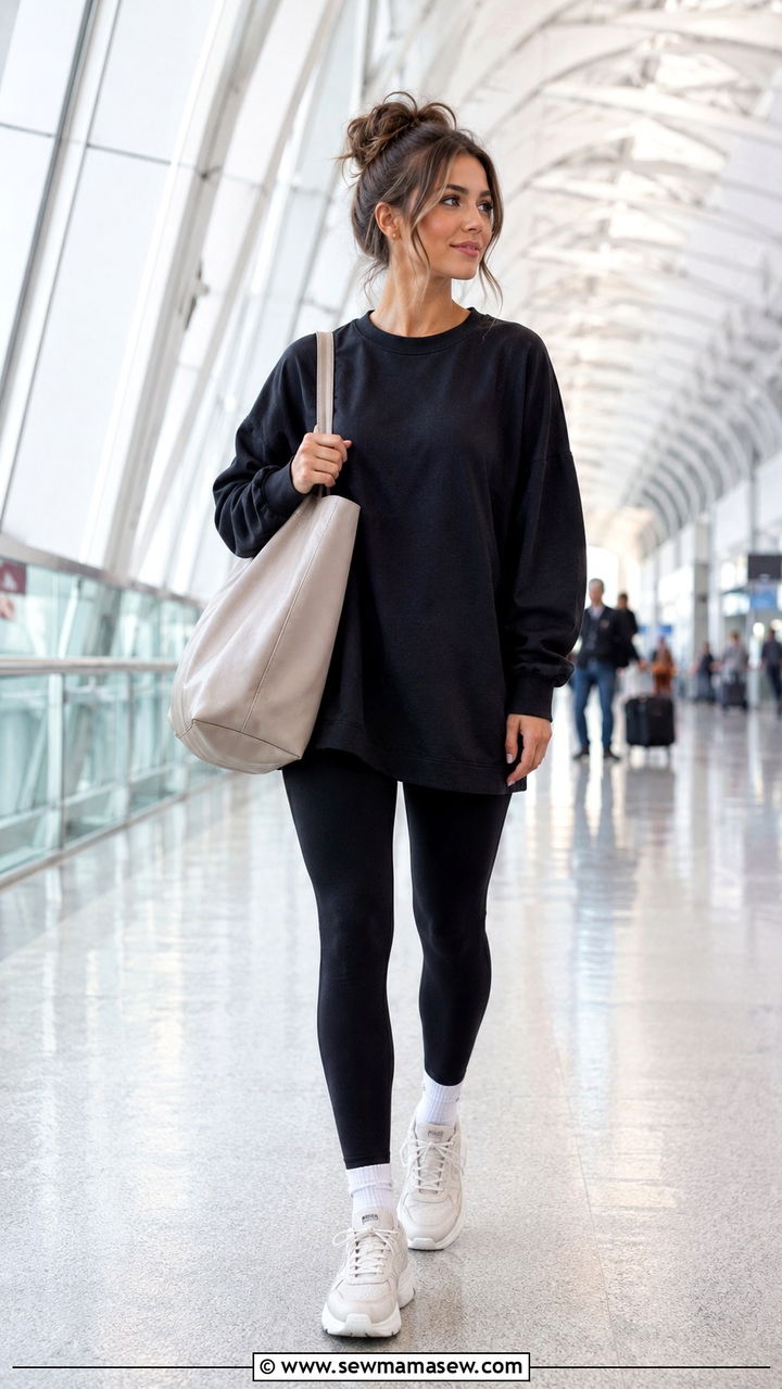 Leggings And Tunic Top With Supportive Sneakers - 25 Travel nurse outfit ideas