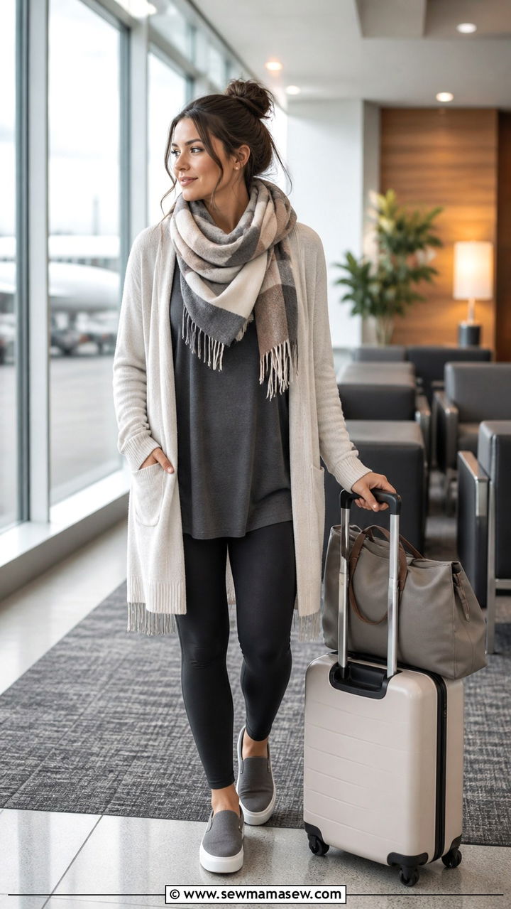 Leggings Longline Tee and Lightweight Cardigan - 40 Spring travel outfits