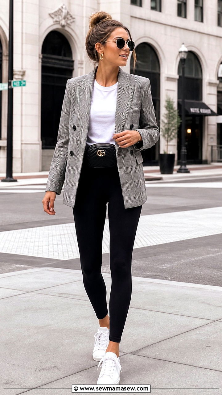 Leggings With Boxy Blazer And White Sneakers - 40 casual leggings outfits
