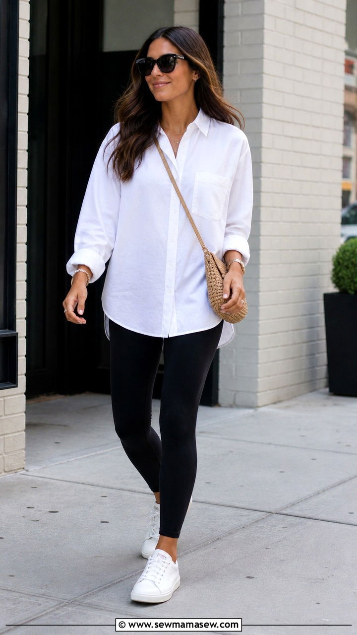 Leggings With Button Down Shirt And Sneakers - 40 casual leggings outfits