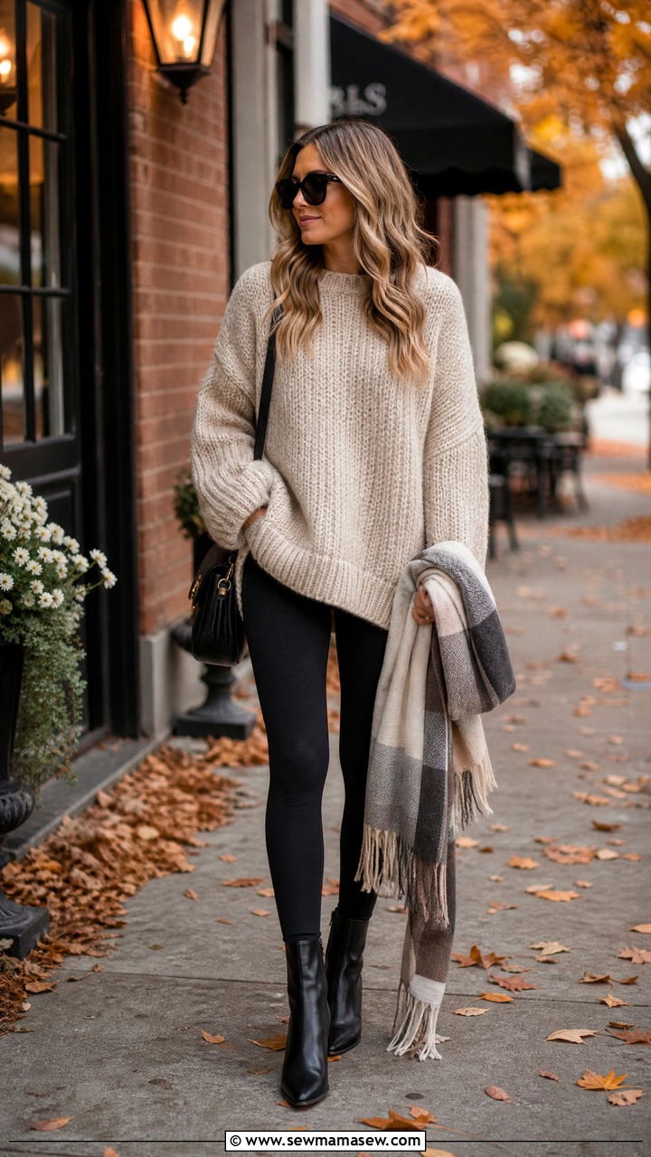 Leggings With Chunky Knit Sweater And Ankle Boots - 35 leggings outfit ideas