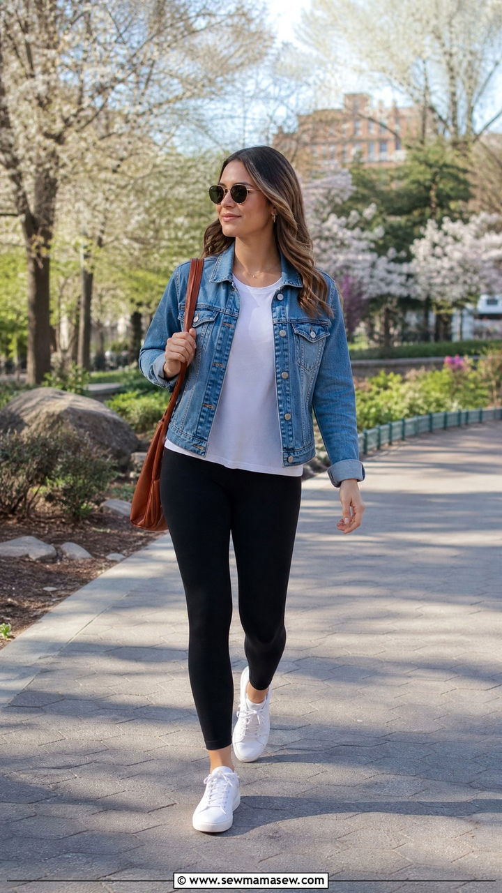 Leggings With Denim Jacket and White Sneakers Outfit - 25 chic leggings outfit ideas