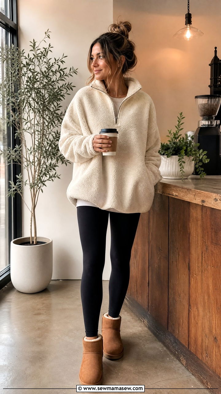 Leggings With Fleece Pullover and Mini Ugg Boots - 25 chic leggings outfit ideas