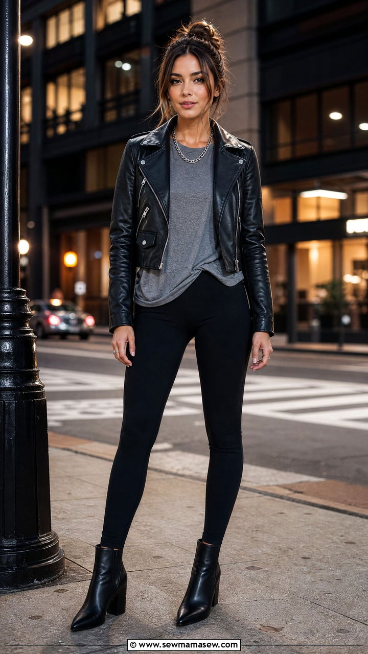 Leggings With Leather Jacket And Ankle Boots - 35 leggings outfit ideas
