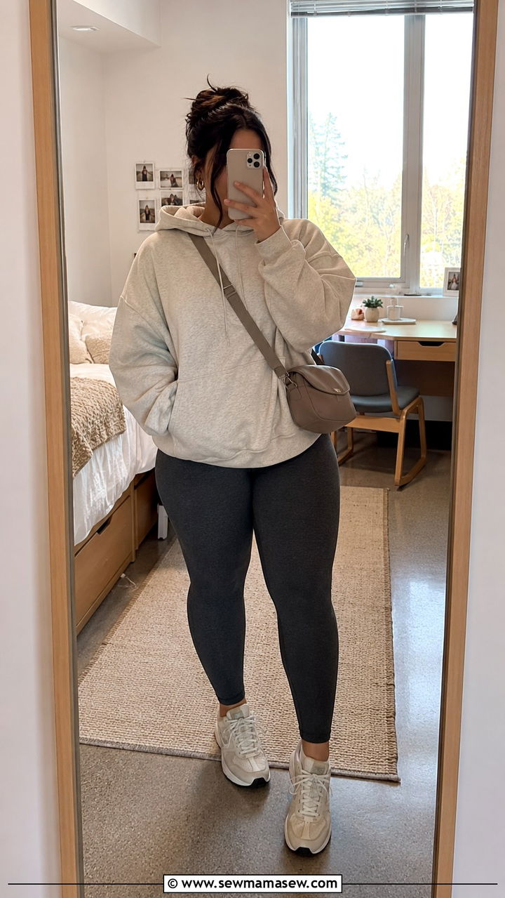 Leggings With Oversized Hoodie And Neutral Sneakers - 30 Plus size outfit ideas for college