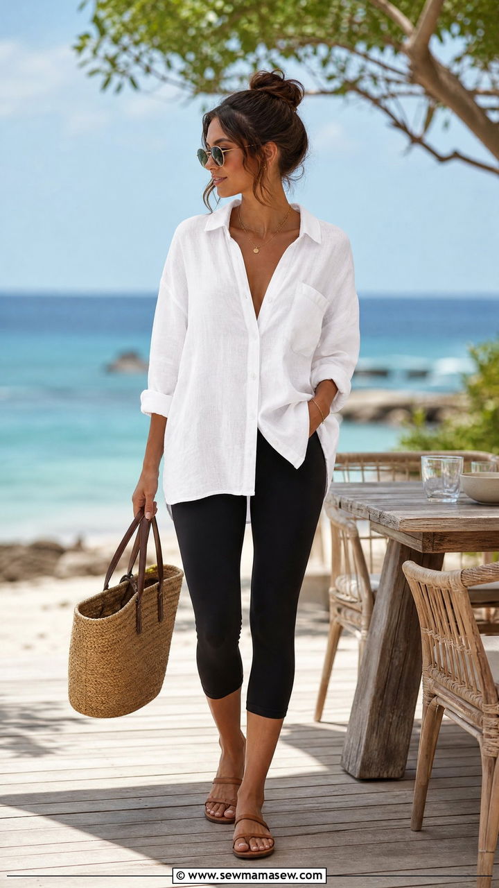 Leggings With Oversized White Shirt and Flat Sandals - 25 chic leggings outfit ideas