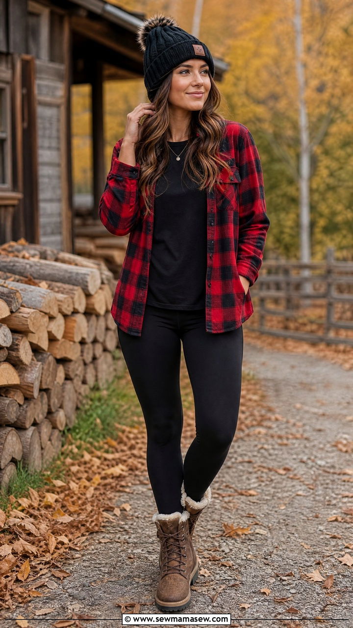 Leggings With Plaid Flannel Shirt And Beanie - 35 leggings outfit ideas