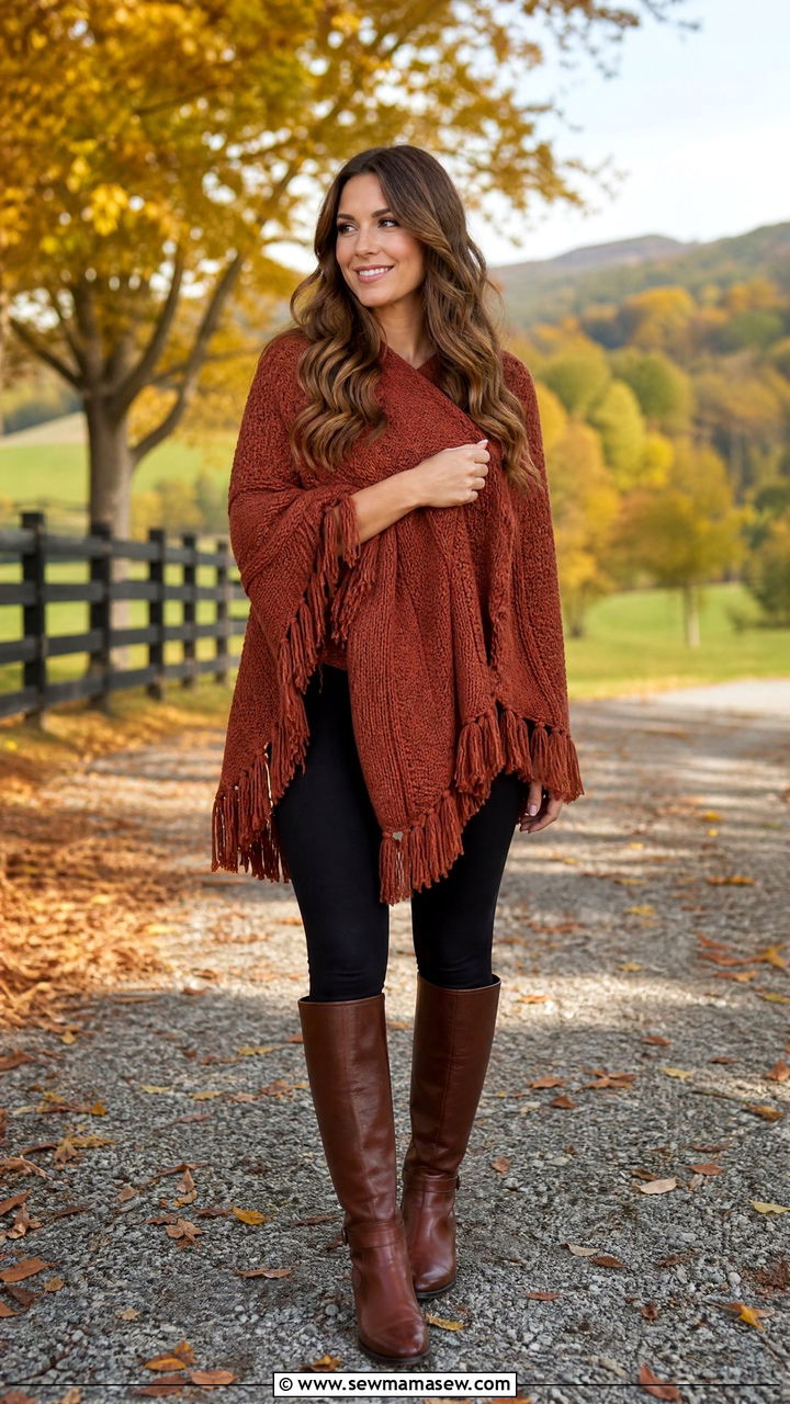 Leggings With Poncho and Riding Boots Outfit - 25 chic leggings outfit ideas