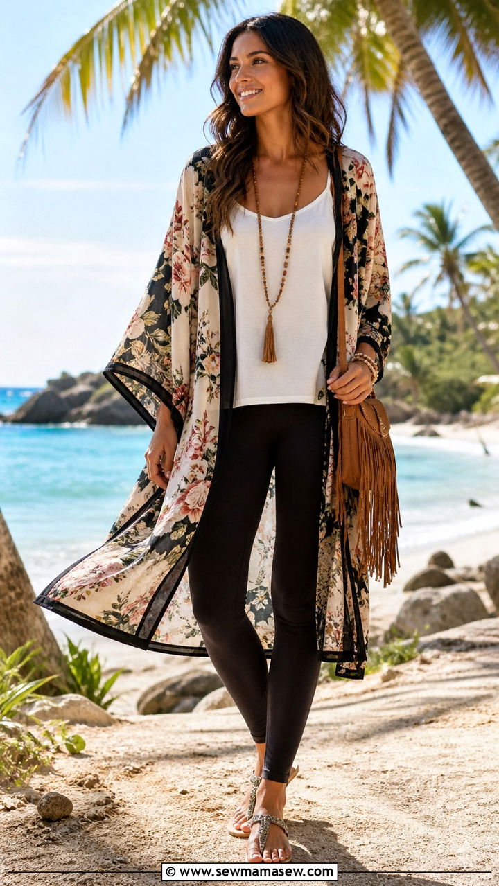Leggings With Printed Kimono And Tank - 40 casual leggings outfits