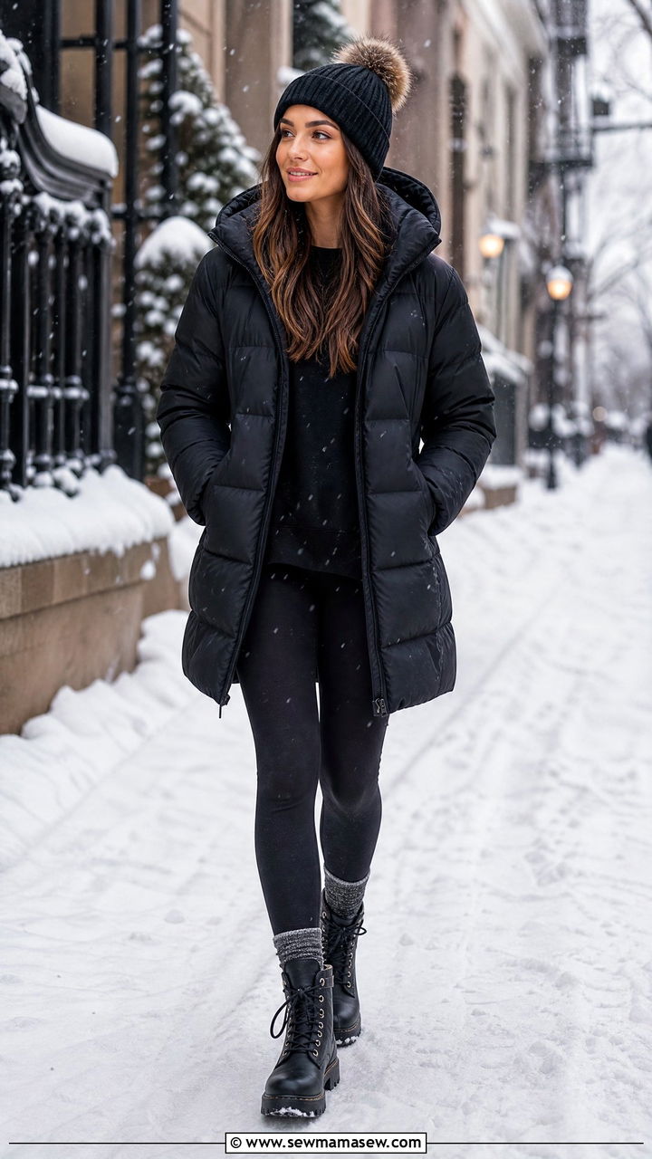 Leggings With Puffer Coat and Winter Boots Outfit - 25 chic leggings outfit ideas