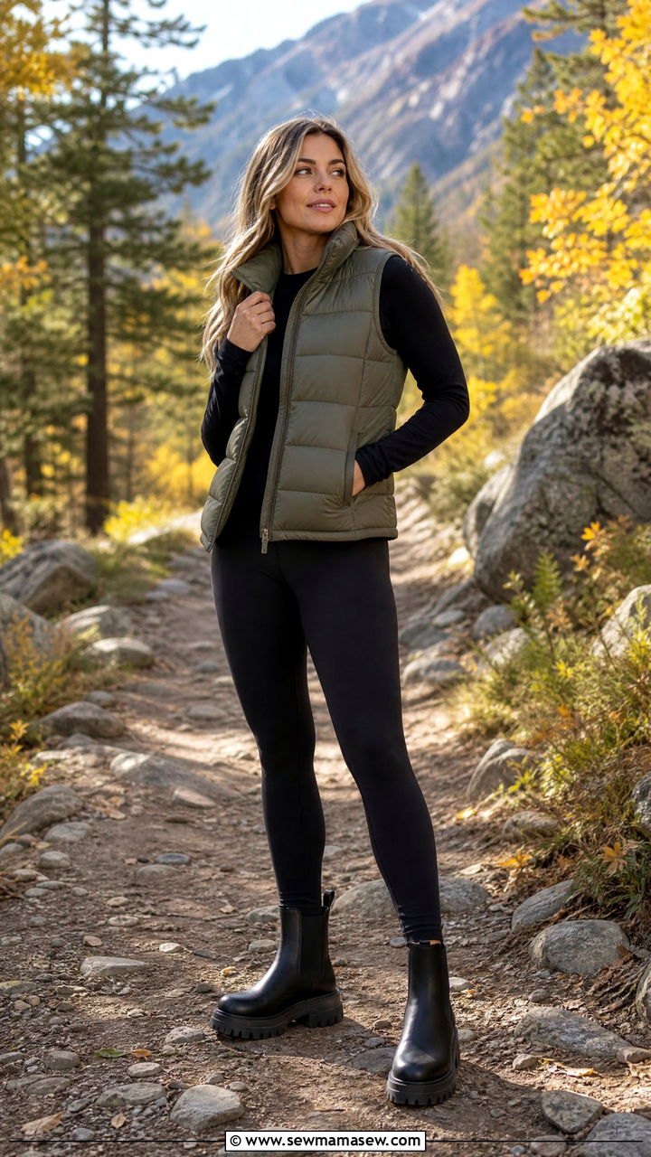 Leggings With Puffer Vest and Lug Sole Boots Outfit - 25 chic leggings outfit ideas