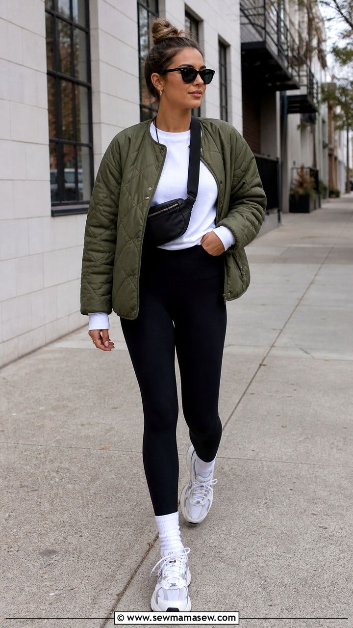 Leggings With Quilted Jacket And Chunky Sneakers - 40 casual leggings outfits