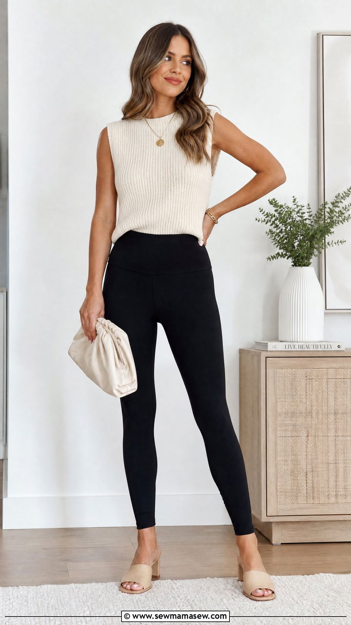 Leggings With Sleeveless Sweater And Mules - 35 leggings outfit ideas