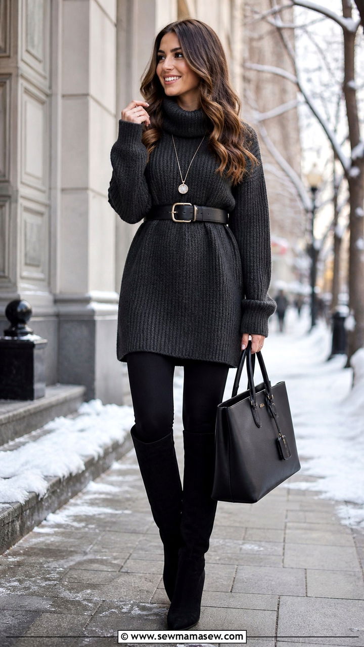 Leggings With Tunic Sweater Dress And Knee High Boots - 40 casual leggings outfits