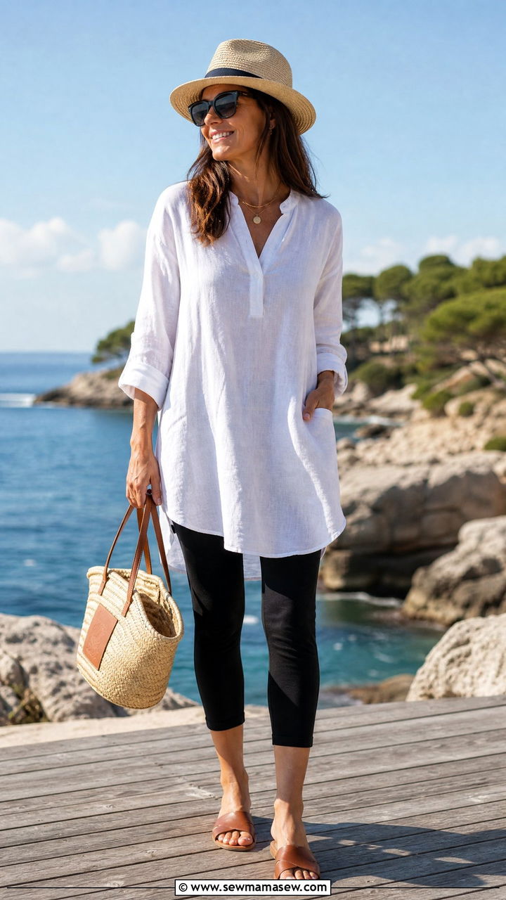 Leggings With Tunic Top And Flat Sandals - 35 leggings outfit ideas