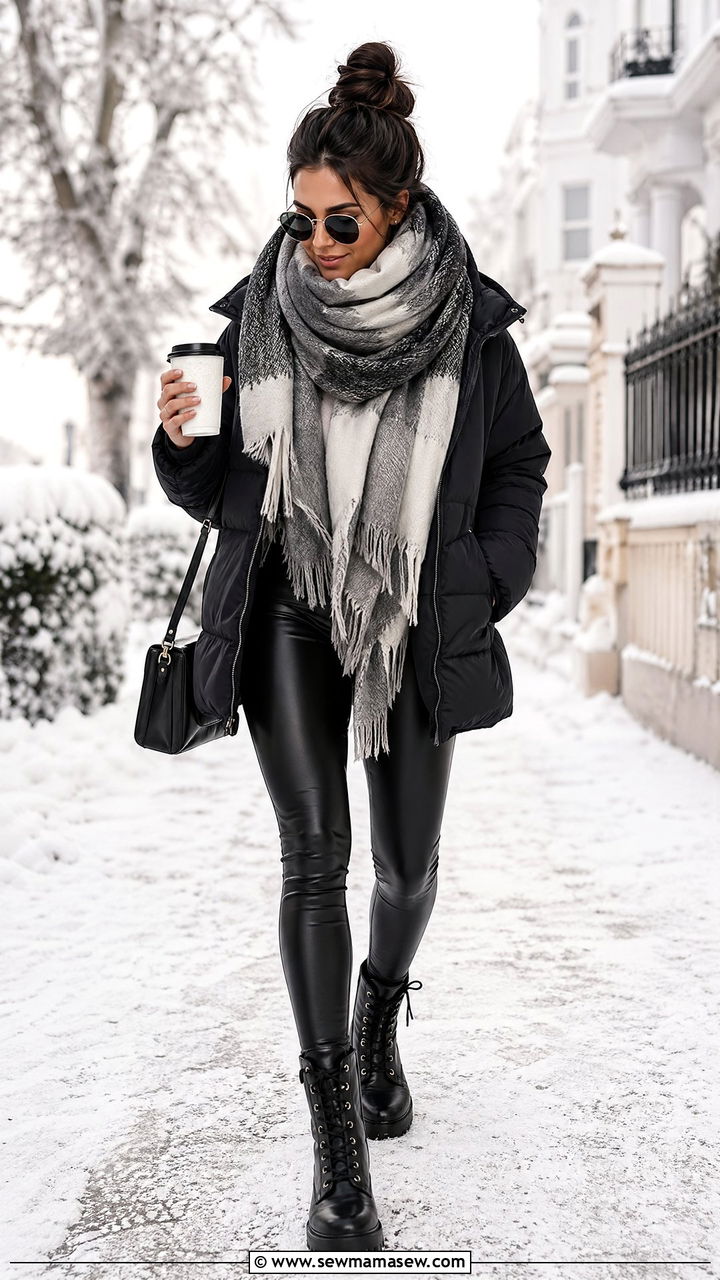 Leggings and Combat Boots with Oversized Scarf - 35 errands outfits for women