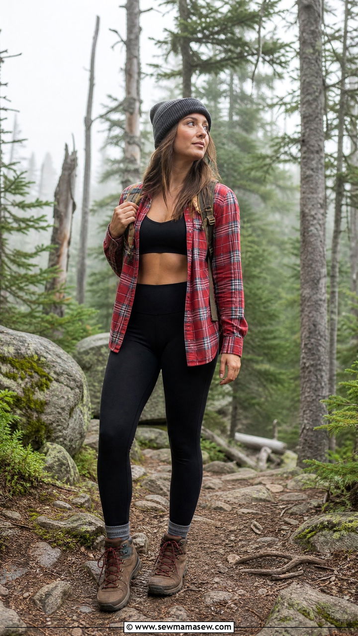 Leggings and Flannel Shirt - 30 Summer hiking outfits