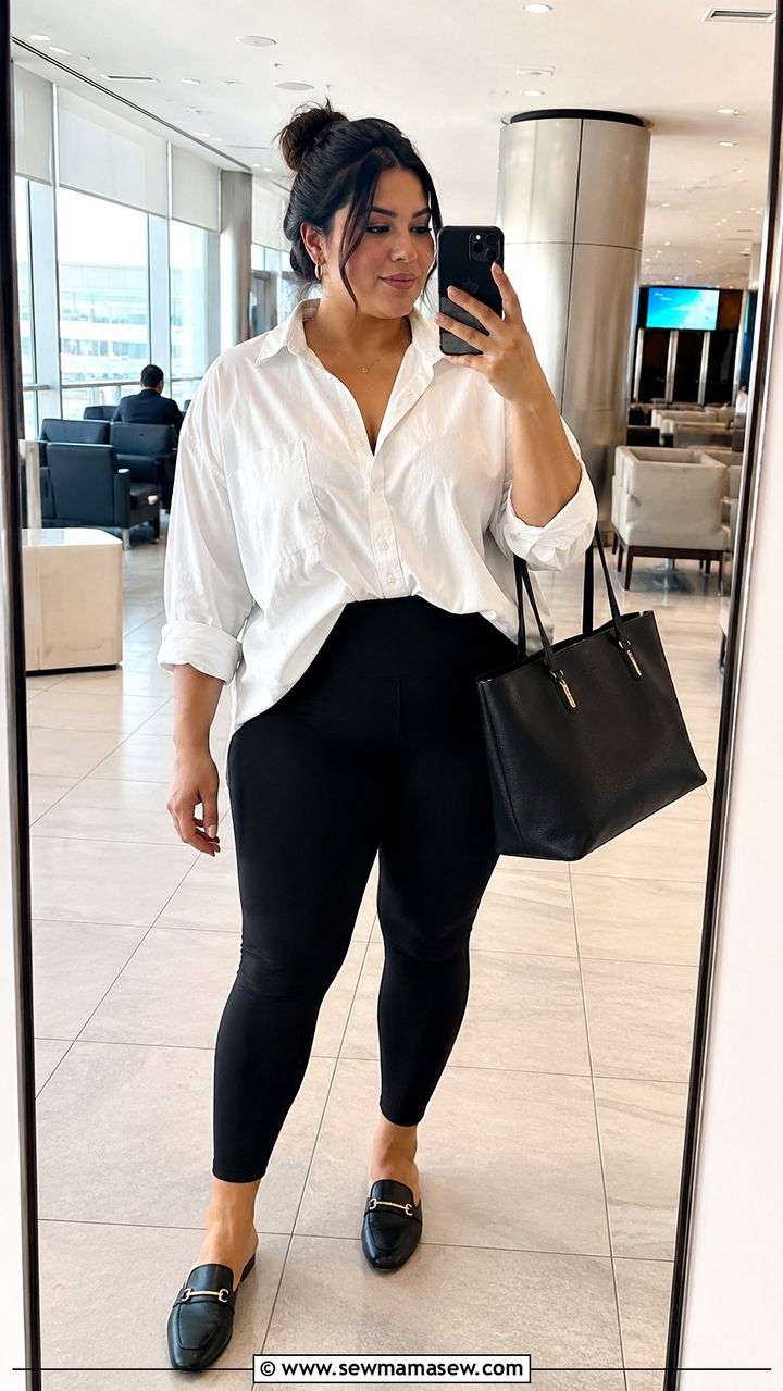 Leggings and Oversized Button Down Shirt - 30 Plus size outfit ideas for travel