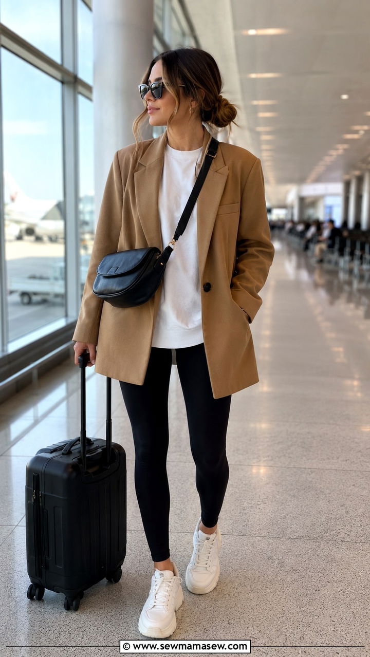 Leggings and an Oversized Blazer Airport Outfit - 25 Airport outfit ideas for short flight