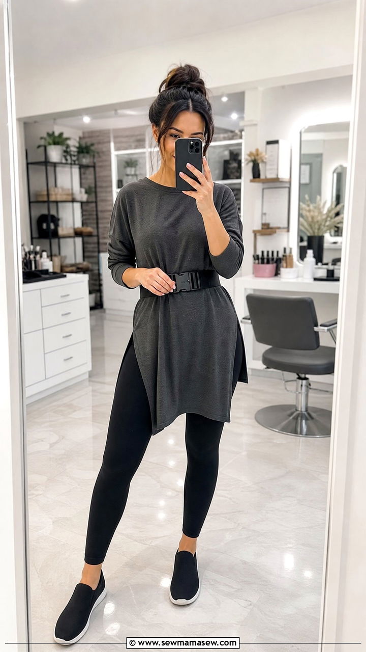 Leggings and long tunic outfit for makeup artists - 30 Makeup artist outfit ideas