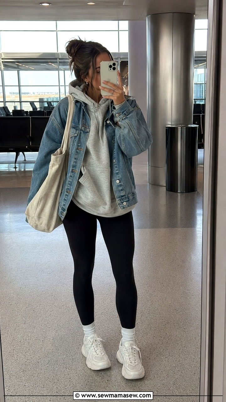 Leggings with Oversized Hoodie and Denim Jacket - 25 Airport outfit ideas for international flight summer