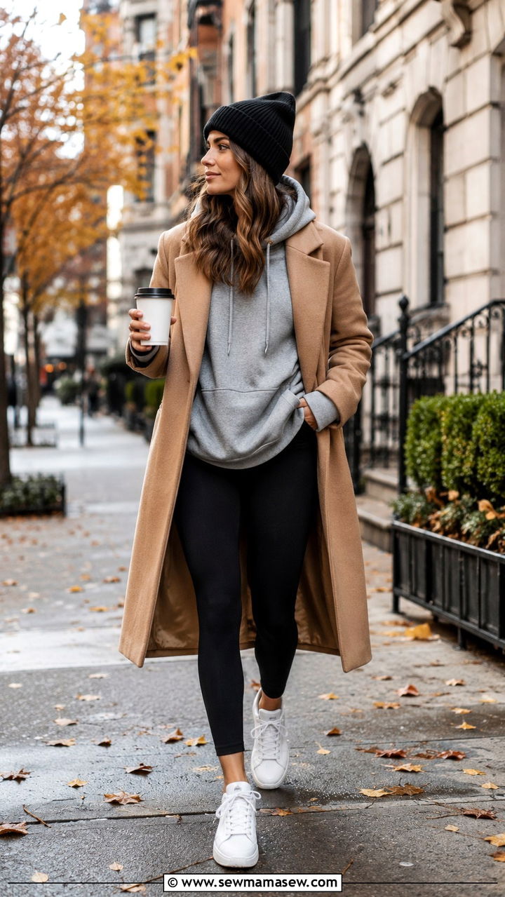 Leggings with Oversized Hoodie and a Long Wool Coat - 30 sporty chic outfits to copy
