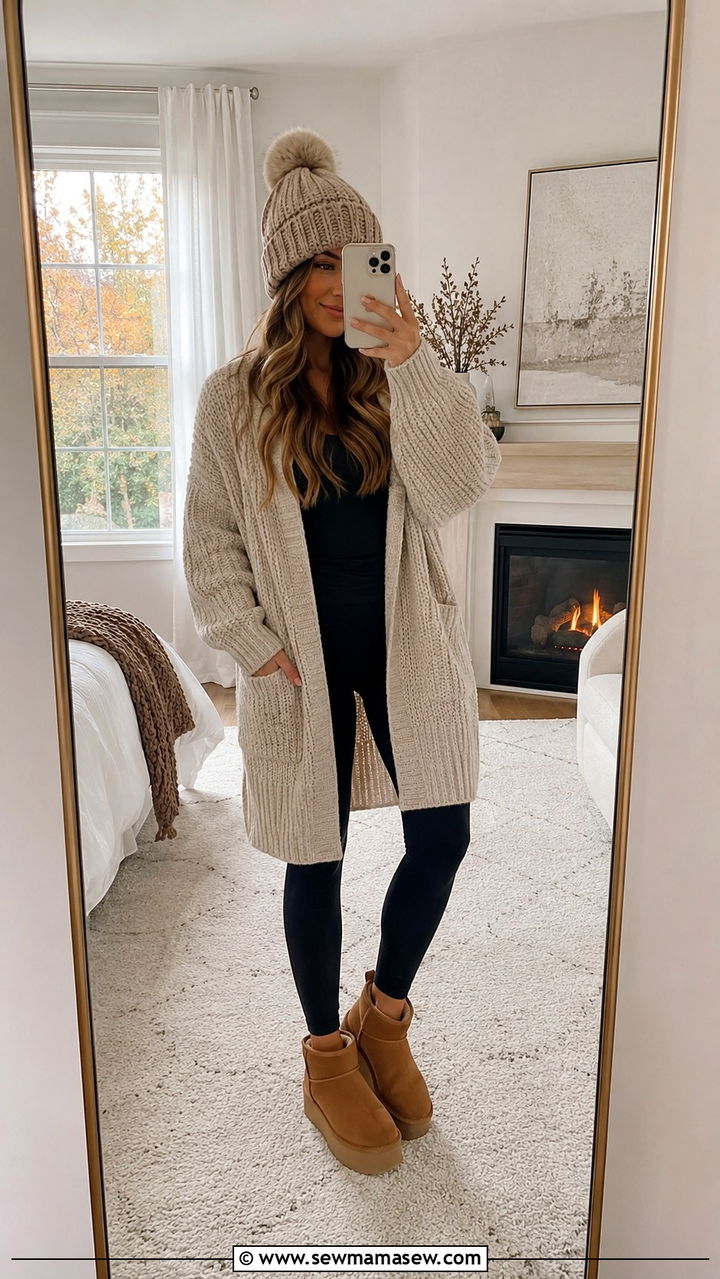 Leggings with a chunky knit cardigan and Ugg boots - 30 How to style leggings