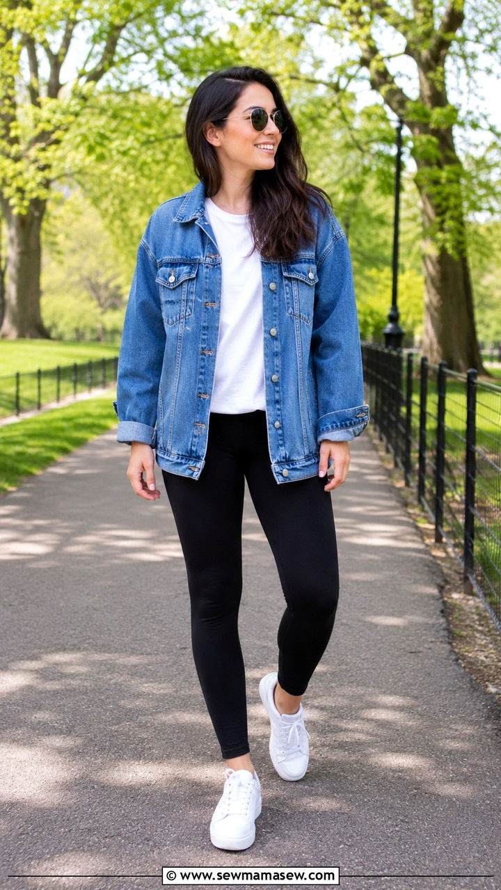Leggings with a denim jacket and white sneakers - 30 How to style leggings