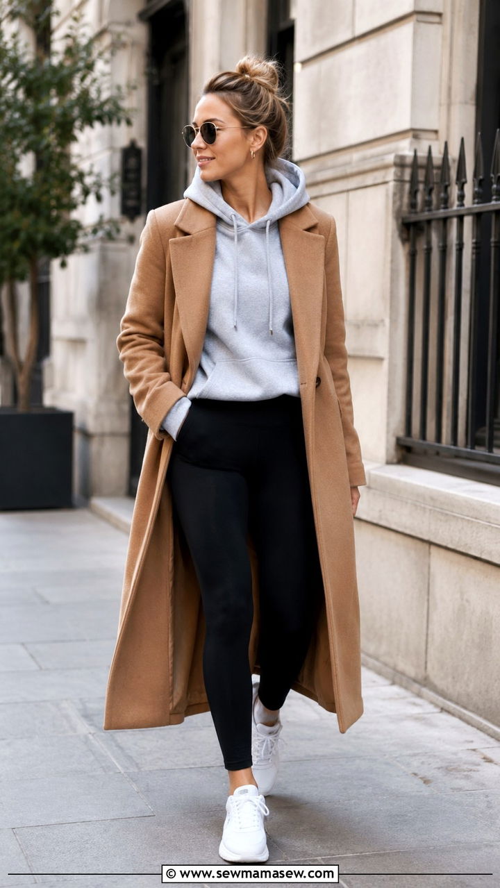 Leggings with a hoodie and a long wool coat - 30 How to style leggings